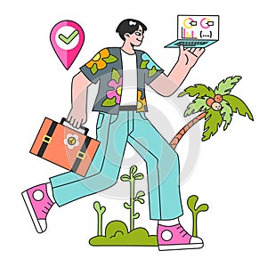 Workcation. Chatacter working away from the office. Digital nomad