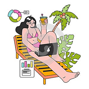 Workcation. Chatacter working away from the office. Digital nomad