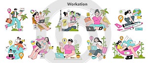 Workcation set. Chatacter working away from the office. Digital nomad photo