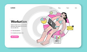 Workcation web banner or landing page. Chatacter working away from the office.