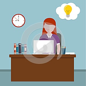 Workday and workplace concept. Vector illustration of a woman in the office having idea