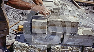 A worker adding a layer of mortar in between the blocks securing them together and creating a cohesive structure photo