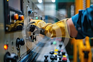 Worker Adjusting Industrial Laser Cutter Controls in Precision Manufacturing Workshop Setting photo