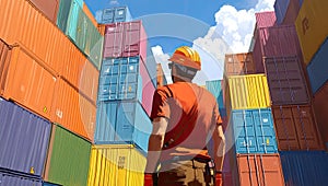 Worker Amidst Shipping Containers