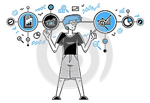 Worker analyzes some data and systematizing information, vector outline illustration.