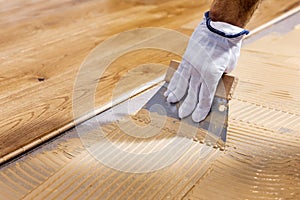 Worker apply adhesive for 3 layer parquet flooring