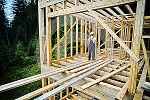 Worker applying fire retardant using sprayer, while constructing wooden frame house near forest photo