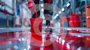 Worker applying red epoxy resin bucket on floor. marking the floor of an underground parking