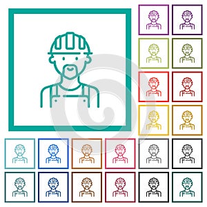 Worker avatar outline flat color icons with quadrant frames