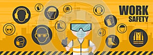 Worker background using his personal protective equipment. Set of icons, pictograms of industrial safety and occupational health