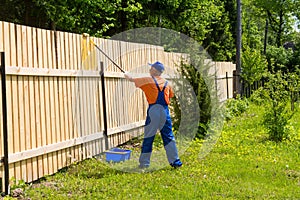 Worker in blue overalls, orange t-shirt, cap and gloves painting a wooden fence