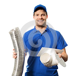 Worker in blue uniform with ventilation system equipment in hand