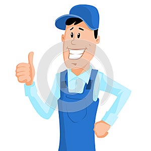 Worker in blue workwear show thumb up