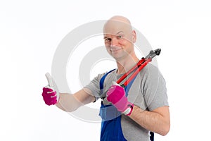 Worker with bolt cropper and thumb up photo