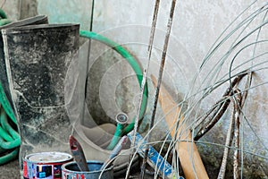 Worker boots in the construction site