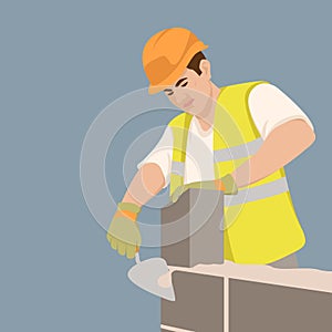 Worker build brick wall. vector illustration flat
