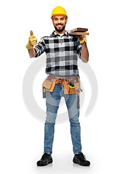 Worker or builder with boards showing thumbs up