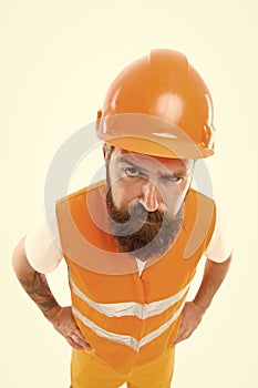 Worker builder confident and successful. Protective equipment concept. Builder enjoy success. Strong handsome builder