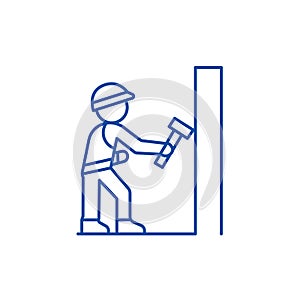 Worker builder with hammer line icon concept. Worker builder with hammer flat vector symbol, sign, outline illustration