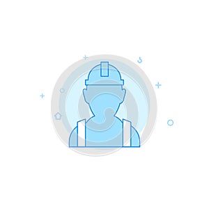 Worker, builder in hard hat flat vector icon. Filled line style. Blue monochrome design. Editable stroke