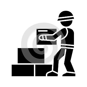 Worker builder taking bricks icon, vector illustration, black sign on isolated background
