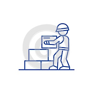 Worker builder taking bricks line icon concept. Worker builder taking bricks flat vector symbol, sign, outline