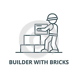 Worker builder taking bricks vector line icon, linear concept, outline sign, symbol