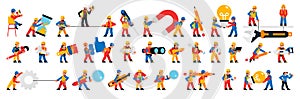 Worker and builders set. Men and women with tools. Characters for the website development process and construction site