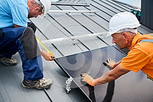 Worker building photovoltaic solar panel system, using ruler to measure mounting equipment.
