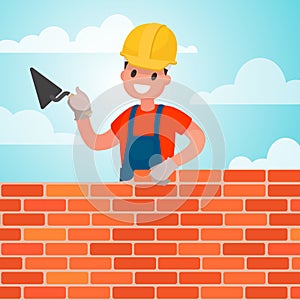 Worker builds a wall, brickwork. Work of the builder. Vector