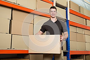 Worker With Cardboard Box In Warehouse