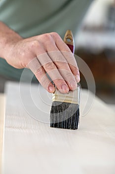 Worker in  carpenter`s workshop painting wood with brush