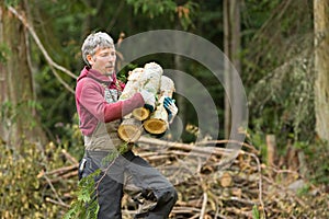 Worker carrying firewood rounds