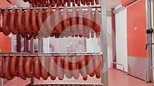 Worker carrying rack with delicious fresh sausage bunches along production plant storage room.