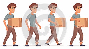 Worker in casual wear moves cargo cartoon modern. Loader or porter takes load and moves it to another place, guy in
