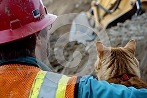 worker and cat looking at a site excavation together