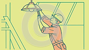 Worker changing a light bulb on a ladder, practical maintenance. vector design Generative AI