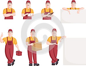 Worker character in different actions.