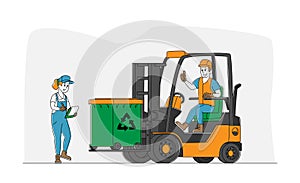 Worker Character Driving Forklift Truck with Garbage for Waste Processing. Technological Process