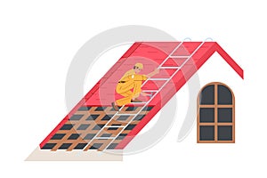 Worker Character With Equipment Conduct Roofing Works, Repair Home, Tile House Rooftop, Roofer Man With Work Tools