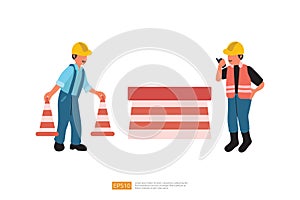 worker Character installs fencing warning cones on road construction. Vector Illustration of Construction Worker
