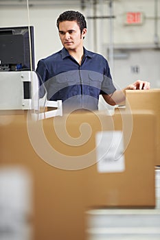 Worker Checking Goods On Belt In Distribution Warehouse