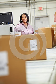 Worker Checking Goods On Belt In Distribution Warehouse