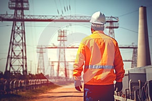 Worker checks high voltage electric transmission tower. Electrical engineer working at the power station. Generative AI