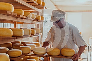 A worker at a cheese factory sorting freshly processed cheese on drying shelves