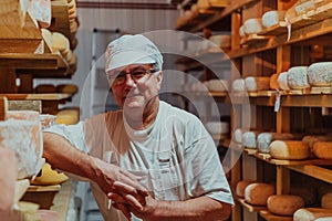 A worker at a cheese factory sorting freshly processed cheese on drying shelves