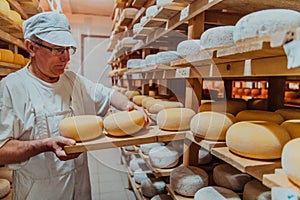 A worker at a cheese factory sorting freshly processed cheese on drying shelves