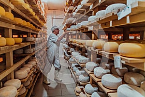 A worker at a cheese factory sorting freshly processed cheese on drying shelves