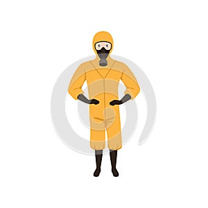 Worker of chemical laboratory wearing orange protective suit, gas mask, gloves and boots. Flat vector design