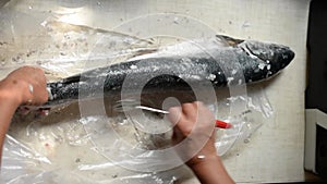 A worker cleaning and filleting a fresh caught saltwater fish with head